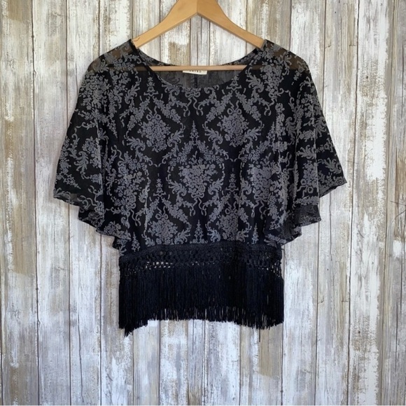 entro Tops - Entro Sheer Mesh Fringe Bottom Cropped Blouse